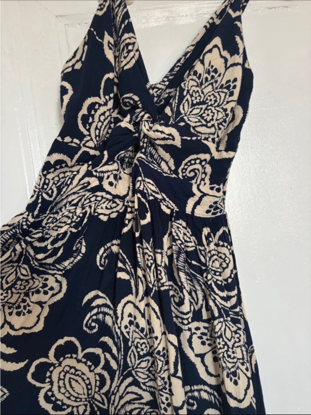 Sleeveless Navy and Cream Floral V-Neck Dress